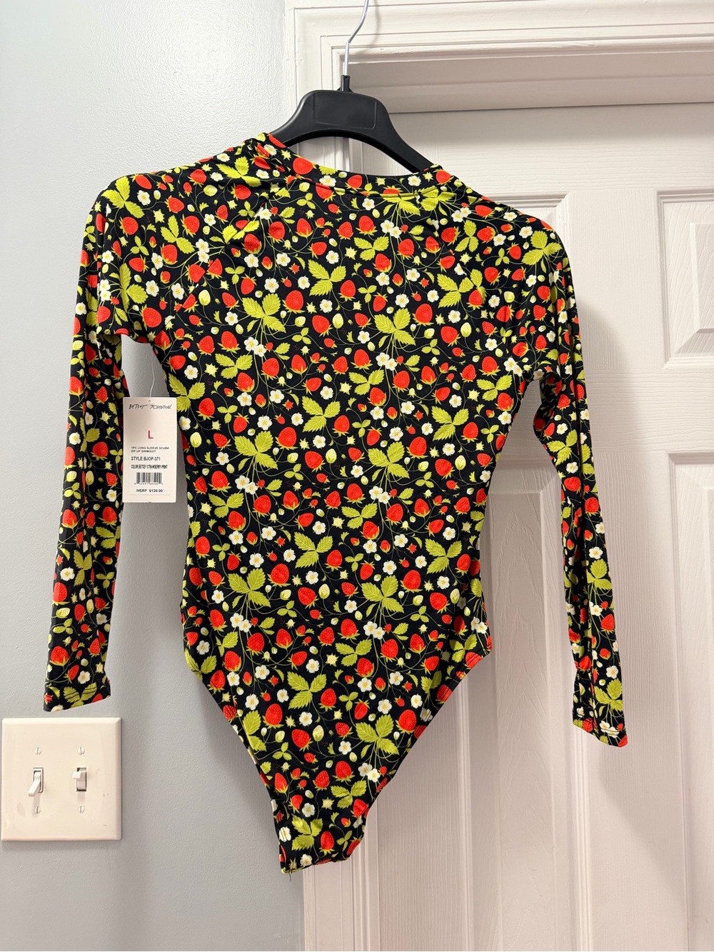Betsy Johnson Black Strawberry Print Long Sleeve Zip Front Swimsuit - Picture 6 of 7